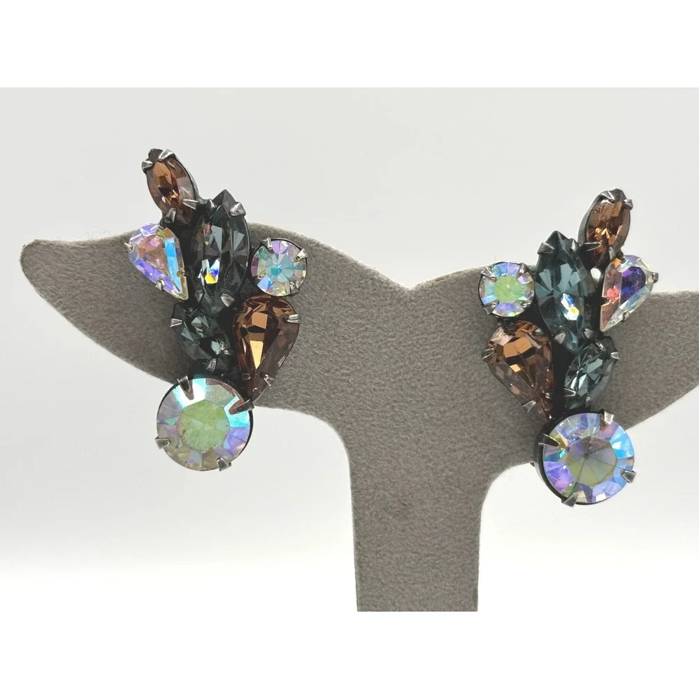 Vintage Weiss‎ Multicolor Rhinestone Clip On Earrings Elegant Cocktail Jewelry - Picture 10 of 11